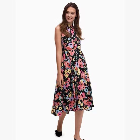 Kate Spade Bouquet Multicolor Floral Print Collared Button Front Midi Dress - Picture 1 of 14